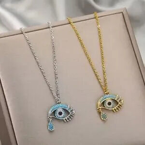 18K Gold Evil Eye Crying Tear Turquoise & Diamond Paved Pendant Necklace